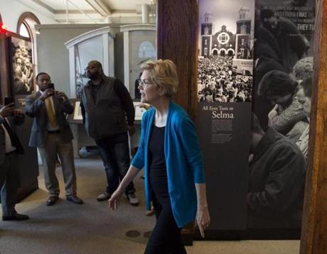Senator Elizabeth Warren walked through the Selma Interpretive Center in Selma, Ala., on Tuesday. She met with Pastor Leodis Strong at Brown Chapel.
