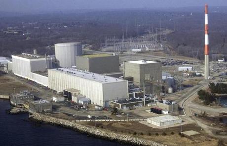 FILE - This March 18, 2003 aerial file photo shows the Millstone nuclear power facility in Waterford, Conn. Connecticut officials on Thursday, May 2, 2013 authorized the Millstone nuclear plant to significantly expand nuclear waste storage capacity from 19 cask storage units now to 135 by 2045. (AP Photo/Steve Miller, File)
