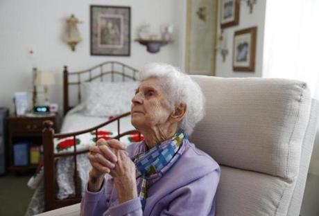 Marlborough, MA, 03/13/2019 -- Dottie Creamer, 92, chats with a Globe reporter inside her apartment at Christopher Heights, an assisted living residence in Marlborough. (Jessica Rinaldi/Globe Staff) Topic: xxseniorhousing Reporter:
