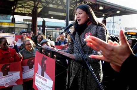 03/20/2019 Boston MA- The President of the Boston Teachers Union , Jessica Tang (cq) speaking at rally, outside of the Bolling Building, Educators, were asking for better schools and a new contract. Jonathan Wiggs /Globe StaffReporter:Topic:

