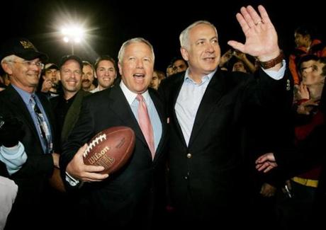 Patriots owner Robert Kraft celebrated with Benjamin Netanyahu at an event promoting the Israeli flag football league in Jerusalem in 2005. 
