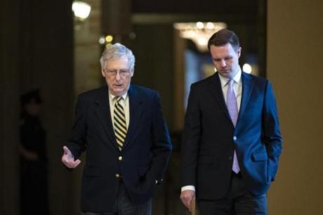 WASHINGTON, DC - MARCH 25: Senate Majority Leader Mitch McConnell (R-KY) walks with an aide as he leaves his office at the U.S. Capitol, March 25, 2019 in Washington, DC. Over the weekend, U.S. Attorney General William Barr sent a letter to Congressional leaders informing them that special counsel Robert Mueller's investigation did not find evidence of direct collusion between Donald Trump's 2016 campaign and Russia to influence the presidential election. (Photo by Drew Angerer/Getty Images)
