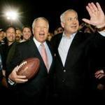 Patriots owner Robert Kraft celebrated with Benjamin Netanyahu at an event promoting the Israeli flag football league in Jerusalem in 2005. 