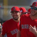Fort Myers, FL - 2/21/2019 - Boston Red Sox starting pitcher Rick Porcello (22), Boston Red Sox starting pitcher Nathan Eovaldi (17), and Boston Red Sox starting pitcher Chris Sale (41) share a laugh on Day 10 Red Sox Spring Training at JetBlue Park in Fort Myers, FL.. - (Barry Chin/Globe Staff), Section: Sports, Reporter: Peter Abraham, Topic: 22Red Sox, LOID: 8.5.480462370.