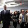 Massachusetts Governor Charlie Baker and Lieutenant Governor Karyn Polito received a tour of the new DraftKings headquarters from CEO and cofounder Jason Robins (right, in light-colored jacket).