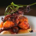 Octopus with potatoes, olives, and dollops of harissa