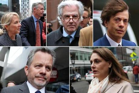 Clockwise, from upper left: Elisabeth and Thomas Kimmel, Gregory Abbott, Agustin Huneeus, William McGlashan Jr., and Michelle Janavs all appeared in federal court in Boston on Friday.
