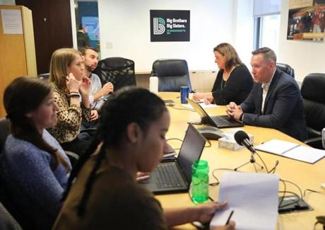 Boston, MA - 3/21/19 A regular staff meeting is conducted. Big Brothers Big Sisters of Massachusetts Bay (cq) is being squeezed out of its 8th-floor office, at 75 Federal Street in Boston, because of a rent increase. Photo by Pat Greenhouse/Globe Staff Topic: 21nonprofits Reporter: Timothy Logan
