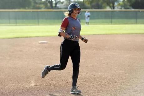 FOR FUTURE TARA SULLIVAN STORY Maya Brady, of Oaks Christian, rounds the bases after hitting a home run during a game against Thousand Oaks High School in Thousand Oaks, Calif. on Tuesday, March 26, 2019. (Matt Sayles for The Boston Globe)

