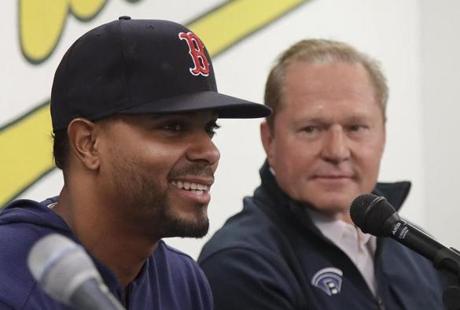 Boston Red Sox shortstop Xander Bogaerts, left, speaks at a news conference next to agent Scott Boras before a baseball game against the Oakland Athletics in Oakland, Calif., Monday, April 1, 2019. (AP Photo/Jeff Chiu)
