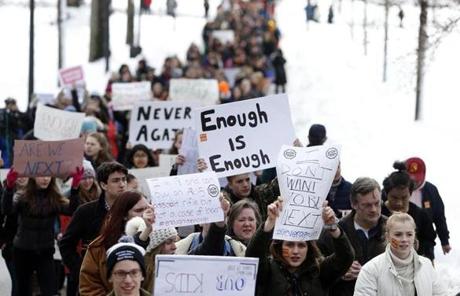 In 2018, students gathered to demand action on gun violence as part of a nationwide school walkout in Boston. 
