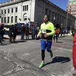 Justin Roberts nears the finish line of the New Bedford half marathon in 2018.