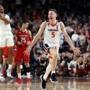 Kyle Guy (5), the hero of Virginia?s semifinal win over Auburn, leads the celebration after the Cavaliers overtime victory against Texas Tech in Monday?s NCAA men?s national championship. 