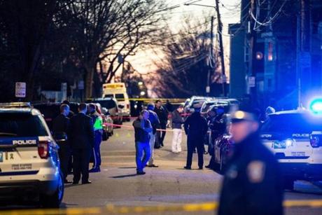 04/06/2019 MATTAPAN, MA Police were on scene at Mattapan Street in Mattapan following a triple shooting with one confirmed fatality. (Aram Boghosian for The Boston Globe)
