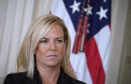 (FILES) In this file photo taken on October 12, 2017, Kirstjen Nielsen listens as US President Donald Trump nominates her as next US Secretary of Homeland Security in the East Room of the White House in Washington, DC. - US President Donald Trump on Sunday, April 7, 2019 announced Homeland Security Secretary Kirstjen Nielsen, the front-line defender of the administration's controversial immigration policies, would leave her position. 