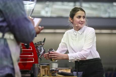 Maryam Abdullayeva of Azerbaijan prepares a drink during the 2019 World Barista Championship in the Boston Convention and Exhibition Center on Thursday afternoon.
