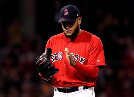Boston, MA - {iptcmtonth}/12/2019 - (6th inning) Boston Red Sox starting pitcher Eduardo Rodriguez (57) applauds the inning ending double play in the sixth inning. The Boston Red Sox host the Baltimore Orioles at Fenway Park. - (Barry Chin/Globe Staff), Section: Sports, Reporter: Pete Abraham, Topic: 13Red Sox-Orioles, LOID: 8.5.955710256.
