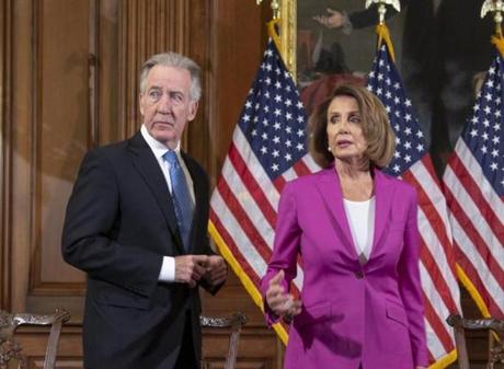 FILE - In this Jan. 11, 2019, file photo, House Ways and Means Committee Chairman Richard Neal, D-Mass., left, meets with Speaker of the House Nancy Pelosi, D-Calif., center, during a session with new committee chairs, at the Capitol in Washington. Neal, whose committee has jurisdiction over all tax issues, has formally requested President Donald Trump's tax returns from the Internal Revenue Service. The unprecedented move is likely to set off a huge legal battle between Democrats controlling the House and the Trump administration. (AP Photo/J. Scott Applewhite, file)

