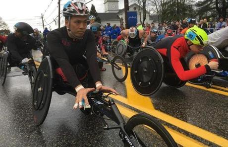 MARATHON SLIDER Men's wheelchair ready to start at the Boston Marathon Monday, April 15, 2019. (David Ryan/Globe Staff)
