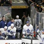 Toronto Maple Leafs center Nazem Kadri (43) leaves the ice after being ejected during the third period of Game 2 of an NHL hockey first-round playoff series against the Boston Bruins, Saturday, April 13, 2019, in Boston. (AP Photo/Mary Schwalm)