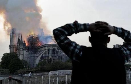 The smoke and fire from the burning Notre Dame Cathedral could be seen across Paris on Monday.
