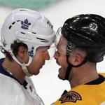 Boston-04/13/2019 Boston Bruins vs Toronto Maple Leafs- Playoffs game 2 -Bruins Chris Wagner and Leafs Nikita Zaitsev get into a little closeup confrontation in front of the Leafs net in the 2nd period. Photo by John Tlumacki/Globe Staff(sports)