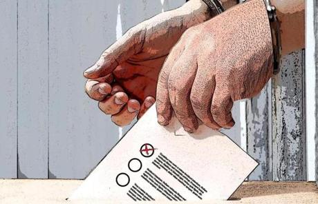 Close up of male hand putting vote into a ballot box, on grungy background
