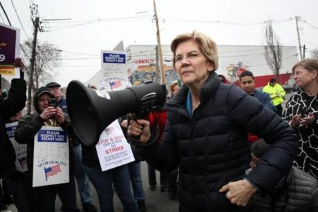 Senator Elizabeth Warren in Somerville last week addressing striking Stop & Shop workers.
