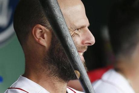 Boston Red Sox's Dustin Pedroia sits in the dugout during the second inning of a baseball game against the Baltimore Orioles in Boston, Monday, April 15, 2019. (AP Photo/Michael Dwyer)

