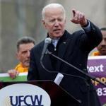 Joe Biden, the former vice president, addressed striking Stop & Shop workers and their supporters Thursday in Dorchester.