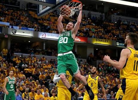 Indiannapolis, IN - 4/21/2019 - (1st quarter) Boston Celtics forward Gordon Hayward (20) dunks during the first quarter. The Indiana Pacers host the Boston Celtics in Game 4 of Round 1 of the Eastern Conference Playoffs at Bankers Life Field House. - (Barry Chin/Globe Staff), Section: Sports, Reporter: Adam Himmelsbach, Topic: 22Celtics-Pacers, LOID: 8.5.1054786590.
