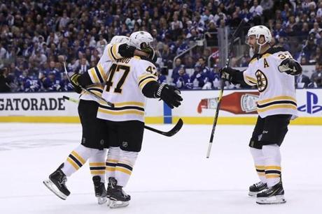 Toronto OnT, 4/21/19 Boston Bruins defenseman Torey Krug (47) celebrates his goal with teammate Patrice Bergeron (37) against the Toronto Maple Leafs during first period action of game 6 of the NHL Playoff hockey action at Scotiabank Arena. (photo by Matthew J. Lee/Globe staff) topic: reporter: 
