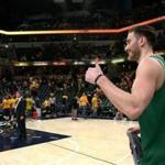 Indiannapolis, IN - 4/21/2019 - (4th quarter) Boston Celtics forward Gordon Hayward (20) gives the thumbs up as he heads off the court. The Indiana Pacers host the Boston Celtics in Game 4 of Round 1 of the Eastern Conference Playoffs at Bankers Life Field House. - (Barry Chin/Globe Staff), Section: Sports, Reporter: Adam Himmelsbach, Topic: 22Celtics-Pacers, LOID: 8.5.1054786590.