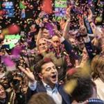 Volodymyr Zelenskiy celebrated his apparent victory in Ukraine?s presidential race at his election headquarters in Kiev. 