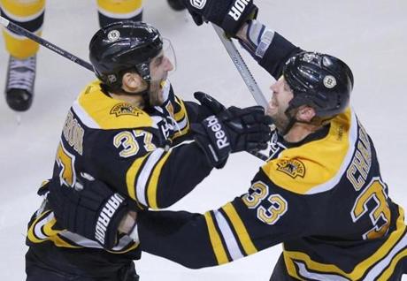Boston Bruins' Patrice Bergeron celebrates with teammate Zdeno Chara after scoring the overtime winner against the Toronto Maple Leafs in Game 7 of their NHL Eastern Conference quarter-final hockey playoff series in Boston, Massachusetts May 13, 2013. REUTERS/Brian Snyder (UNITED STATES - Tags: SPORT ICE HOCKEY)
