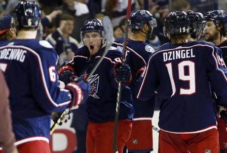Columbus Blue Jackets' Matt Duchene celebrates the team's win over the Tampa Bay Lightning in Game 4 of an NHL hockey first-round playoff series, Tuesday, April 16, 2019, in Columbus, Ohio. The Blue Jackets beat the Lightning 7-3. (AP Photo/Jay LaPrete)
