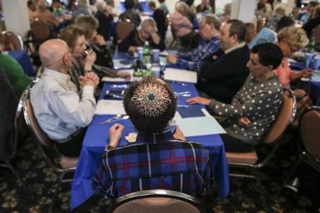 Brighton, MA--04/22/2019--A Passover seder was held at 2Life Communities senior housing in Brighton, MA on Monday afternoon. Residents had the chance to speak on what they hoped for in our world. (Nathan Klima for The Boston Globe) Topic: xxexodustales Reporter:
