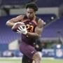 Arizona State wide receiver N'Keal Harry runs a drill at the NFL football scouting combine in Indianapolis, Saturday, March 2, 2019. (AP Photo/Michael Conroy)