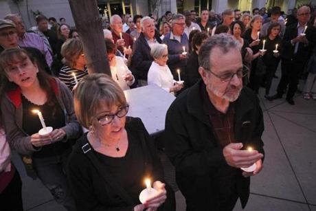 A mixed-faith vigil in San Diego following a deadly shooting at a California synagogue on Saturday.
