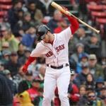 Boston MA 4/28/19 Boston Red Sox Andrew Benintendi slams his bat to the ground after striking out swinging against the Tampa Bay Rays during third inning action at Fenway Park. (photo by Matthew J. Lee/Globe staff) topic: reporter: 