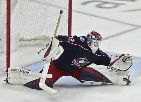 Columbus OH 4/30/19 Columbus Blue Jackets goaltender Sergei Bobrovsky (72) makes a save against the Boston Bruins during first period action of game 3 of the second round of the NHL playoffs at Nationwide Arena. (photo by Matthew J. Lee/Globe staff) topic: reporter: 
