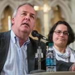 Renny Cushing, left, and Julia Rodriguez spoke at an event hosted by Amnesty International USA at the Old South Church in Boston on 