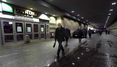 01-23-19: Boston, MA: Boston Celtics television play by play announcer Mike Gorman is pictured as he leaves the TD Garden and heads home following a Celtics victory over the Cleveland Cavaliers. (Jim Davis /Globe Staff) 01-23-19: Boston, MA: Boston Celtics television play by play announcer Mike Gorman is pictured as he leaves the TD Garden and heads home following a Celtics victory over the Cleveland Cavaliers. (Jim Davis /Globe Staff)

